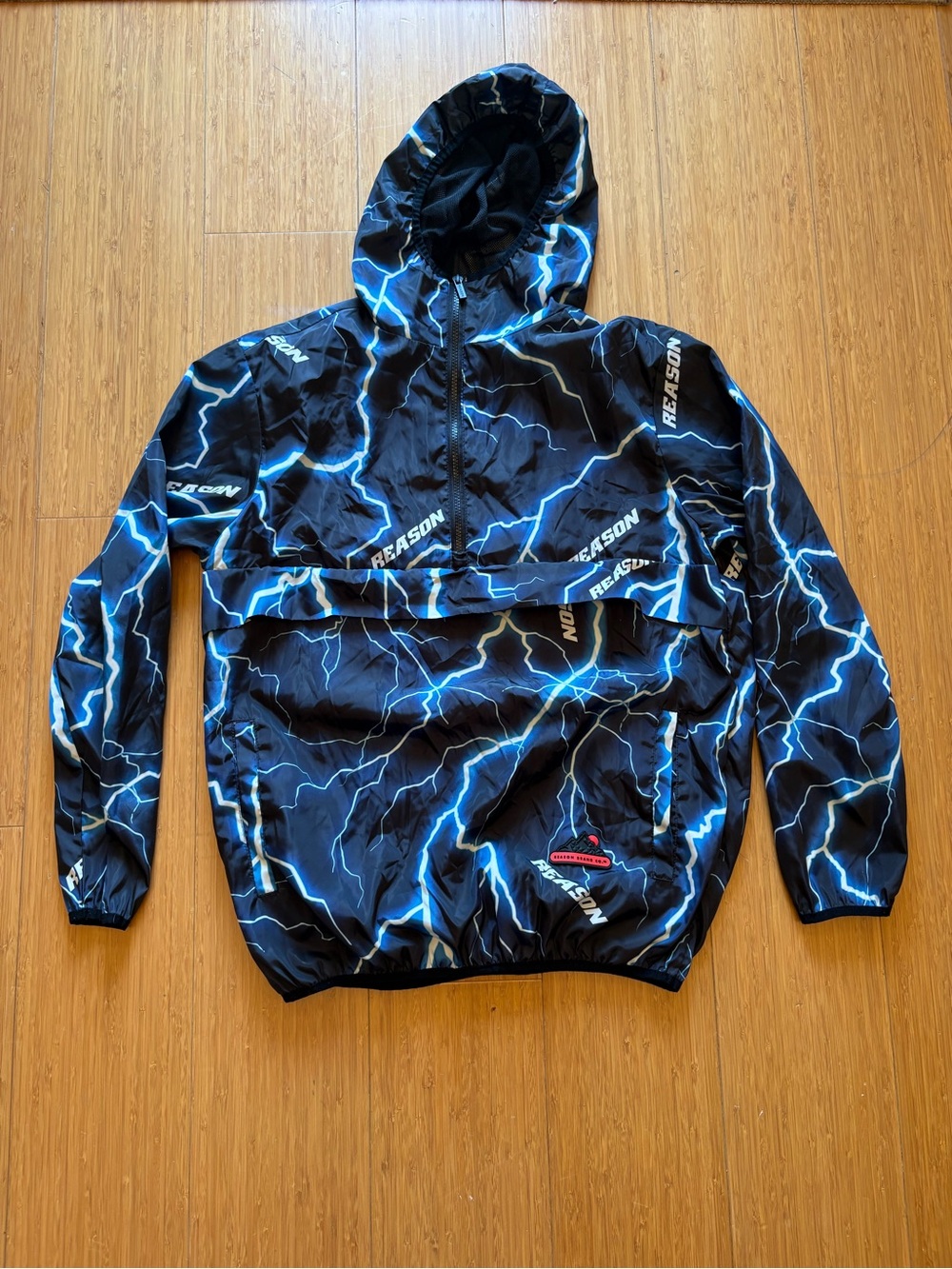Reason Men's Size M Black Blue Mesh Polyester Full Zip Hooded Lightning Hoodie